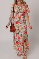 Floral Short Sleeve Tie Back Slit Dress OutfitFlow